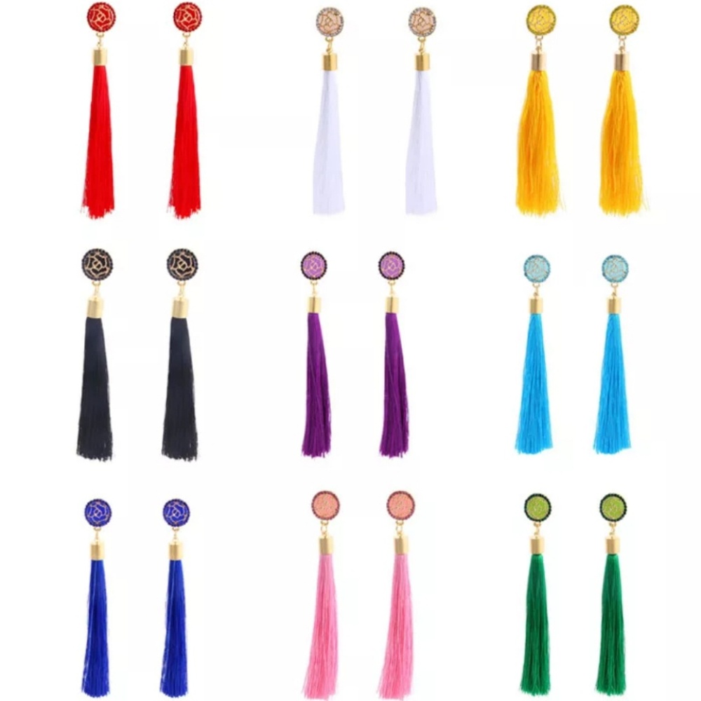 Long Fringe Tassel Statement Rhinestone Earrings - Picture 2 of 4